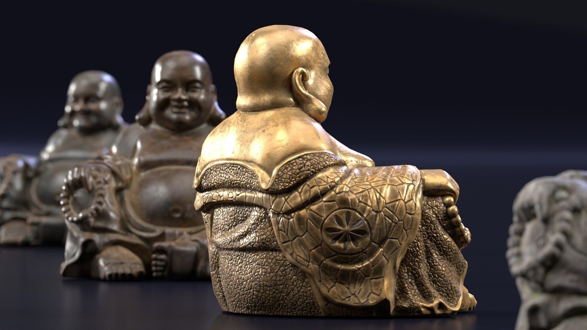 Buddha Budai Statue set of 5 gold stone ivory lavastone clay  Low-poly 3D model_10