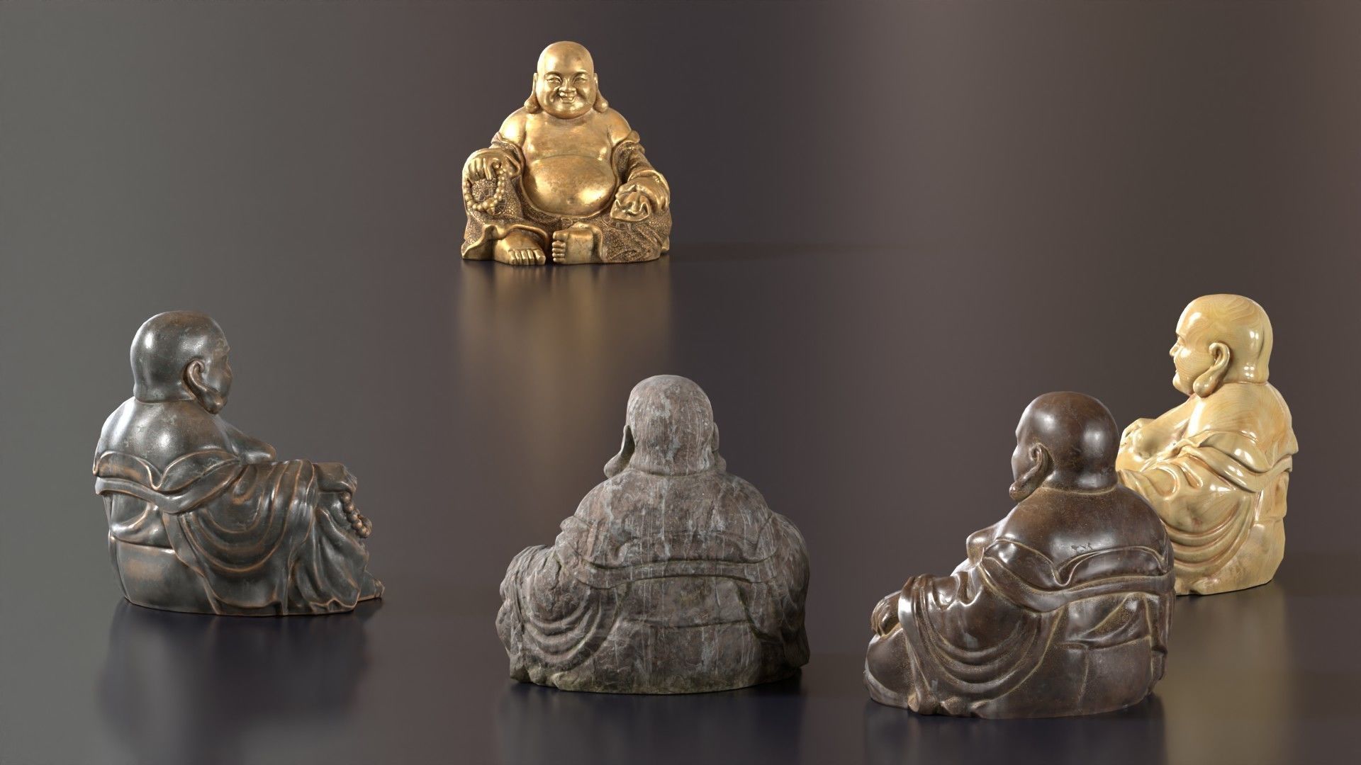 Buddha Budai Statue set of 5 gold stone ivory lavastone clay  Low-poly 3D model_20