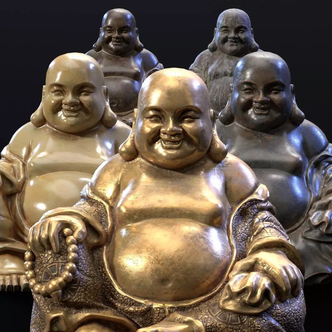 Buddha Budai Statue set of 5 gold stone ivory lavastone clay  Low-poly 3D model_0