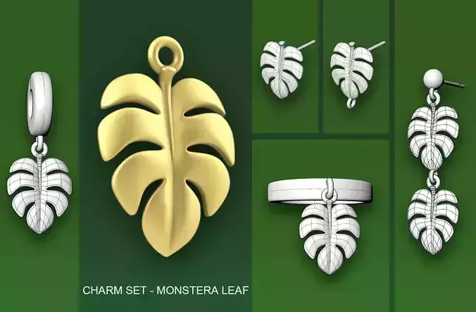 Leaf Charm Set - Monstera Leaf Charm for Ring Earrings Bracelet 3D print model