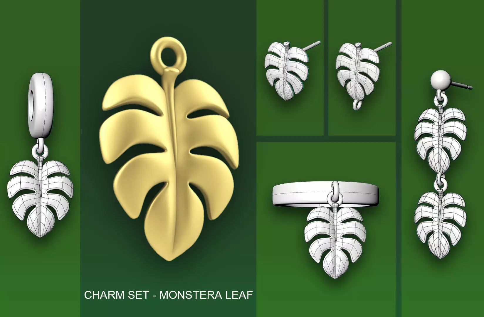 Leaf Charm Set - Monstera Leaf Charm for Ring Earrings Bracelet 3D print model_0