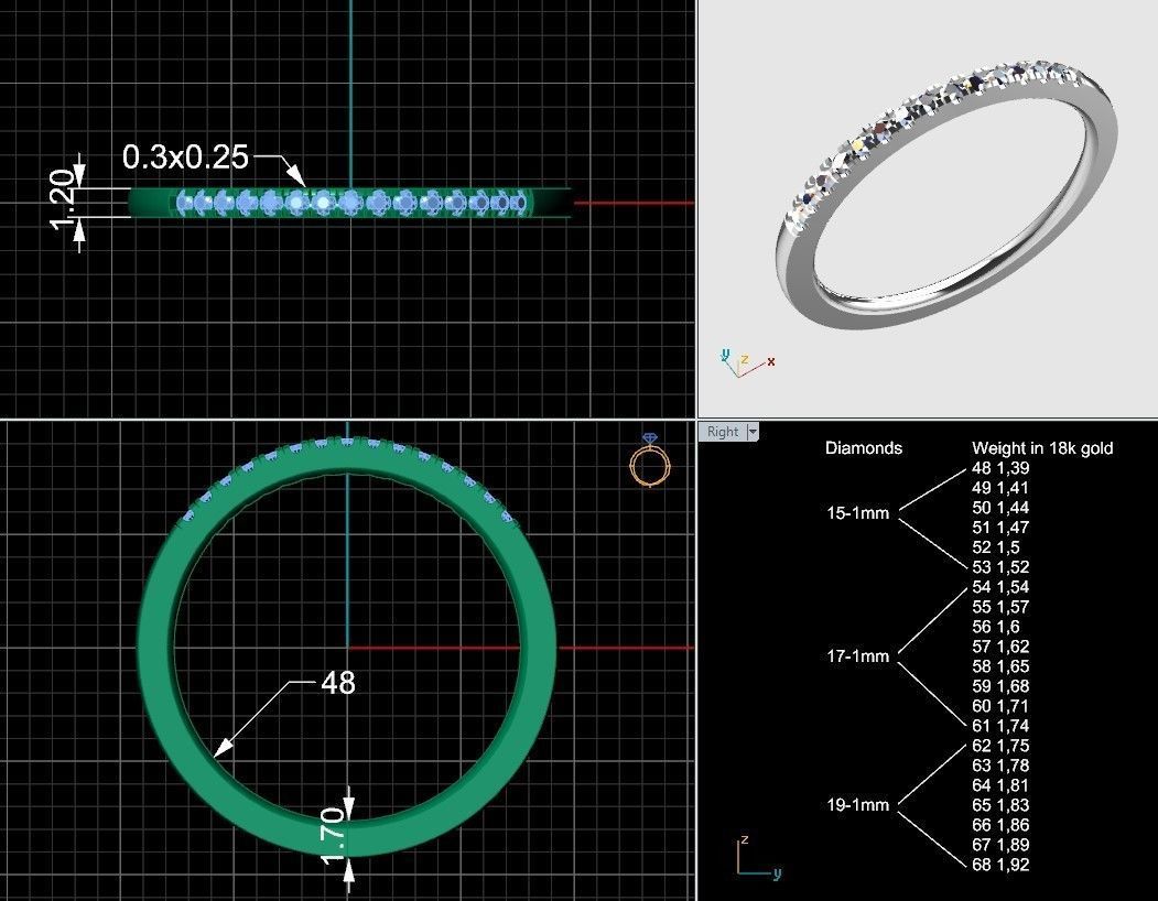 Wedding ring row 1mm diamonds stl 3dm many sizes 3D print model_2