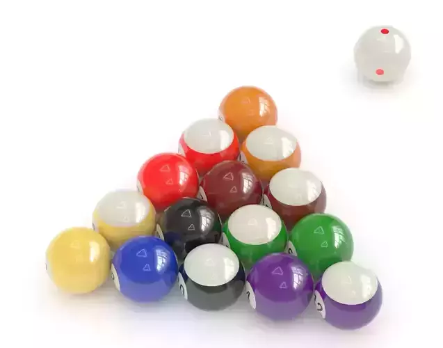 15 billiard balls aligned and a cue ball with 6 red points 3D model