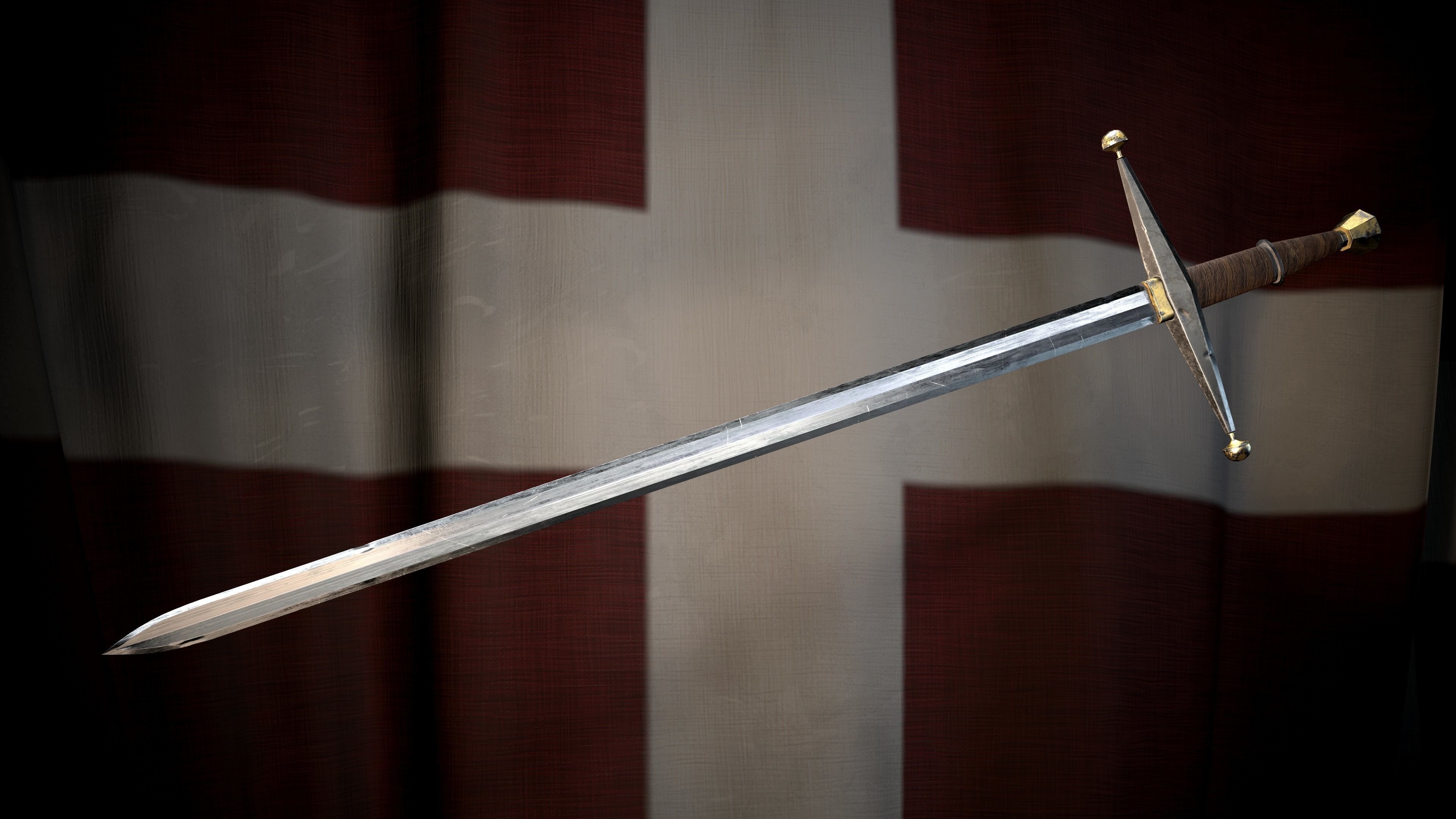 Medieval battle templar sword Game ready Low-poly 3D model_2