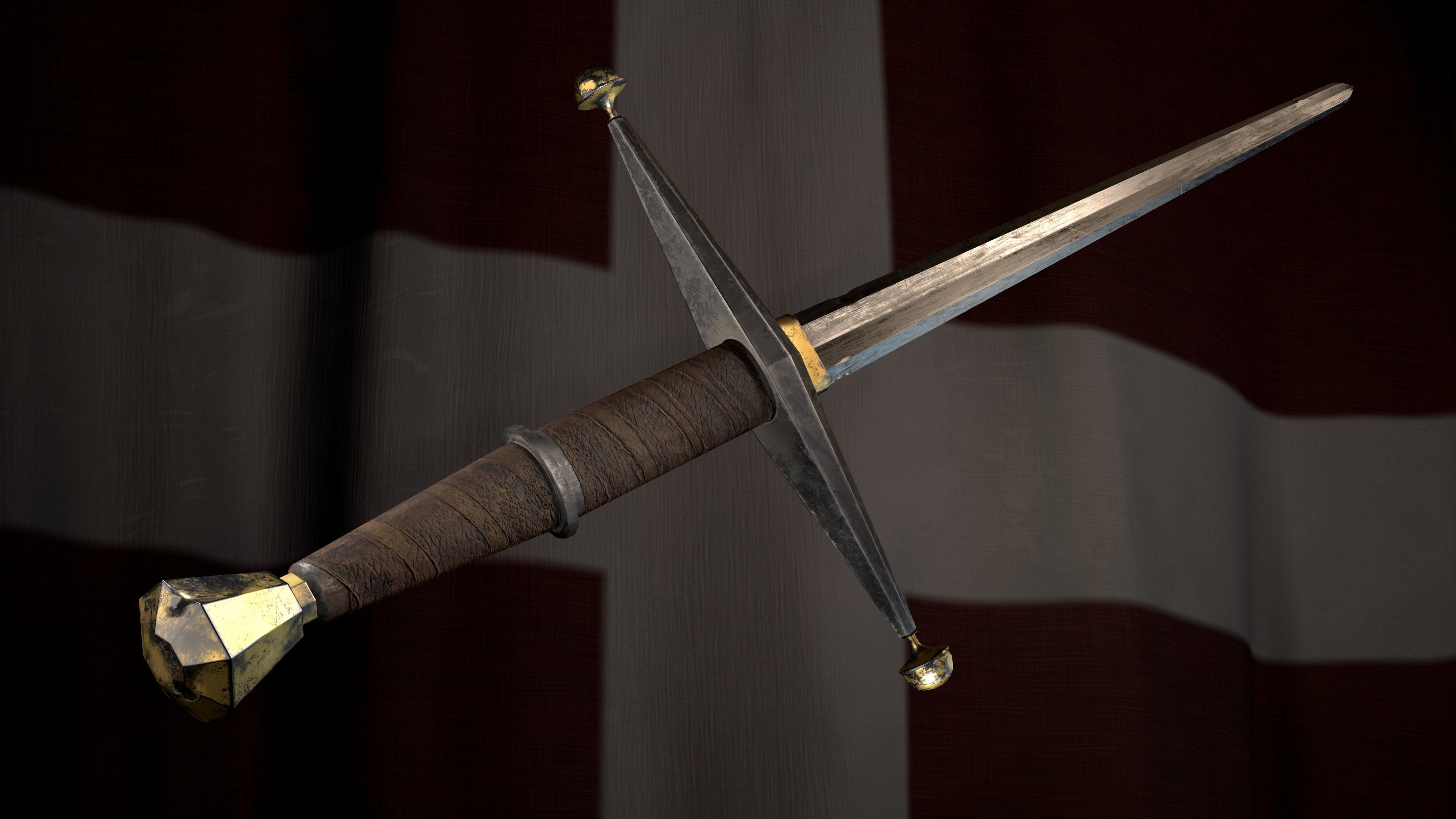 Medieval battle templar sword Game ready Low-poly 3D model_4