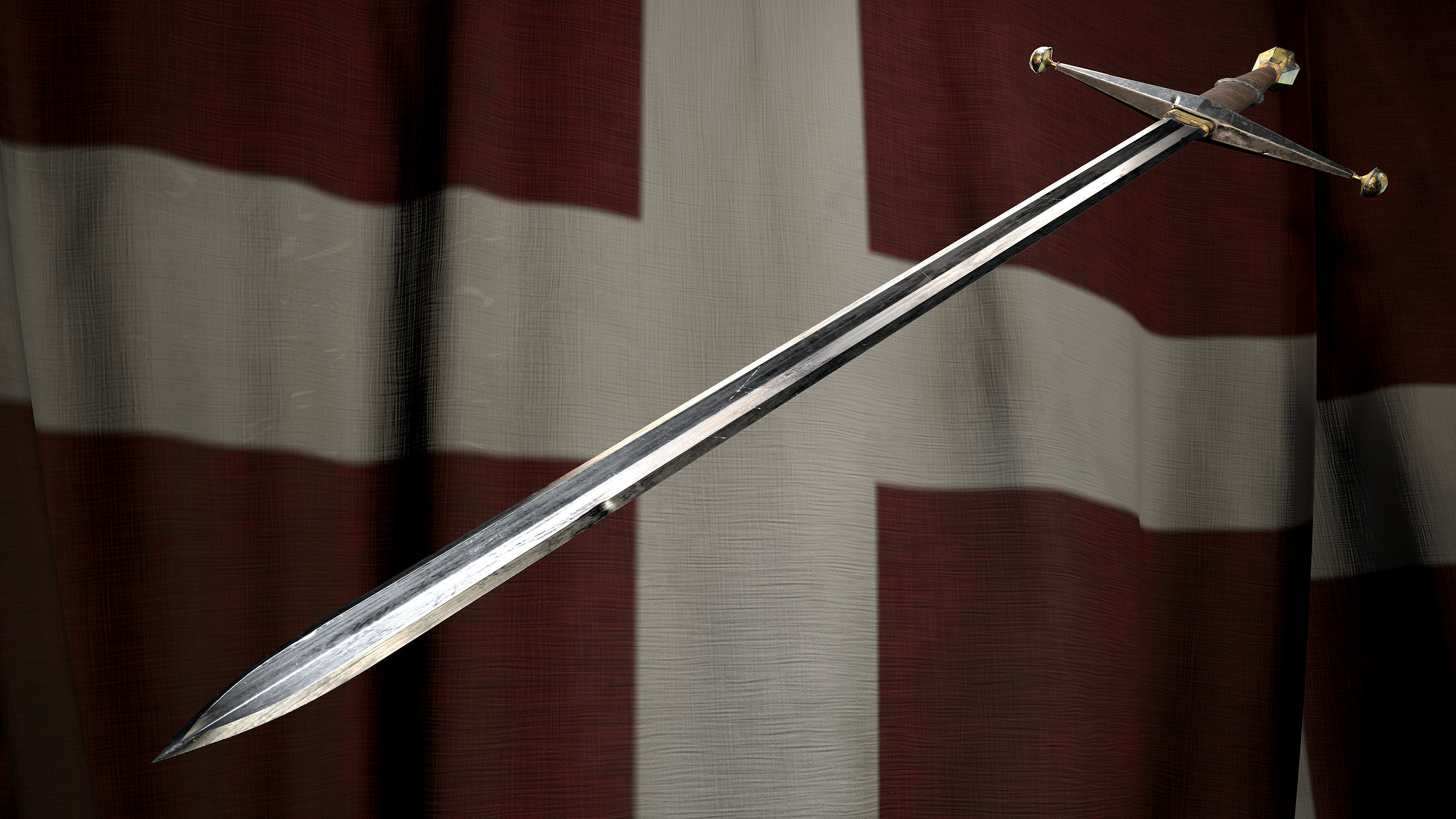 Medieval battle templar sword Game ready Low-poly 3D model_3