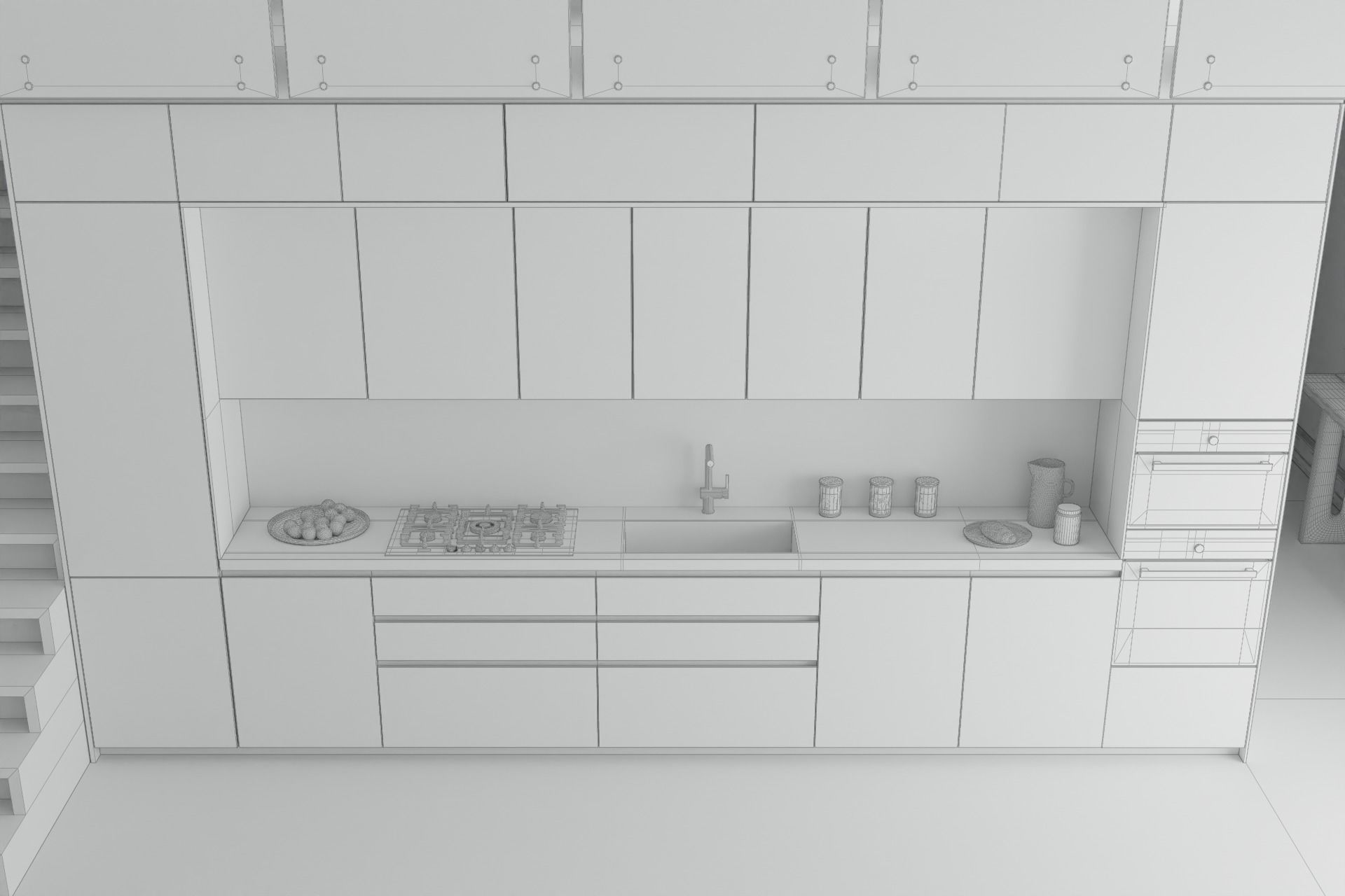 Linear Modern Kitchen blue and chrome with industrial staircase 3D model_3