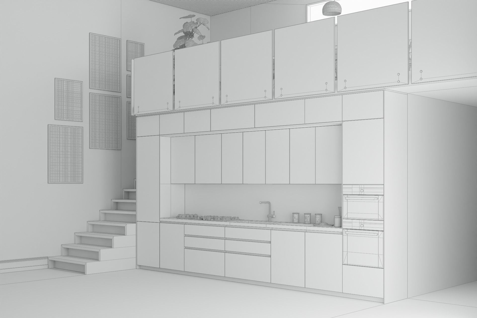 Linear Modern Kitchen blue and chrome with industrial staircase 3D model_5