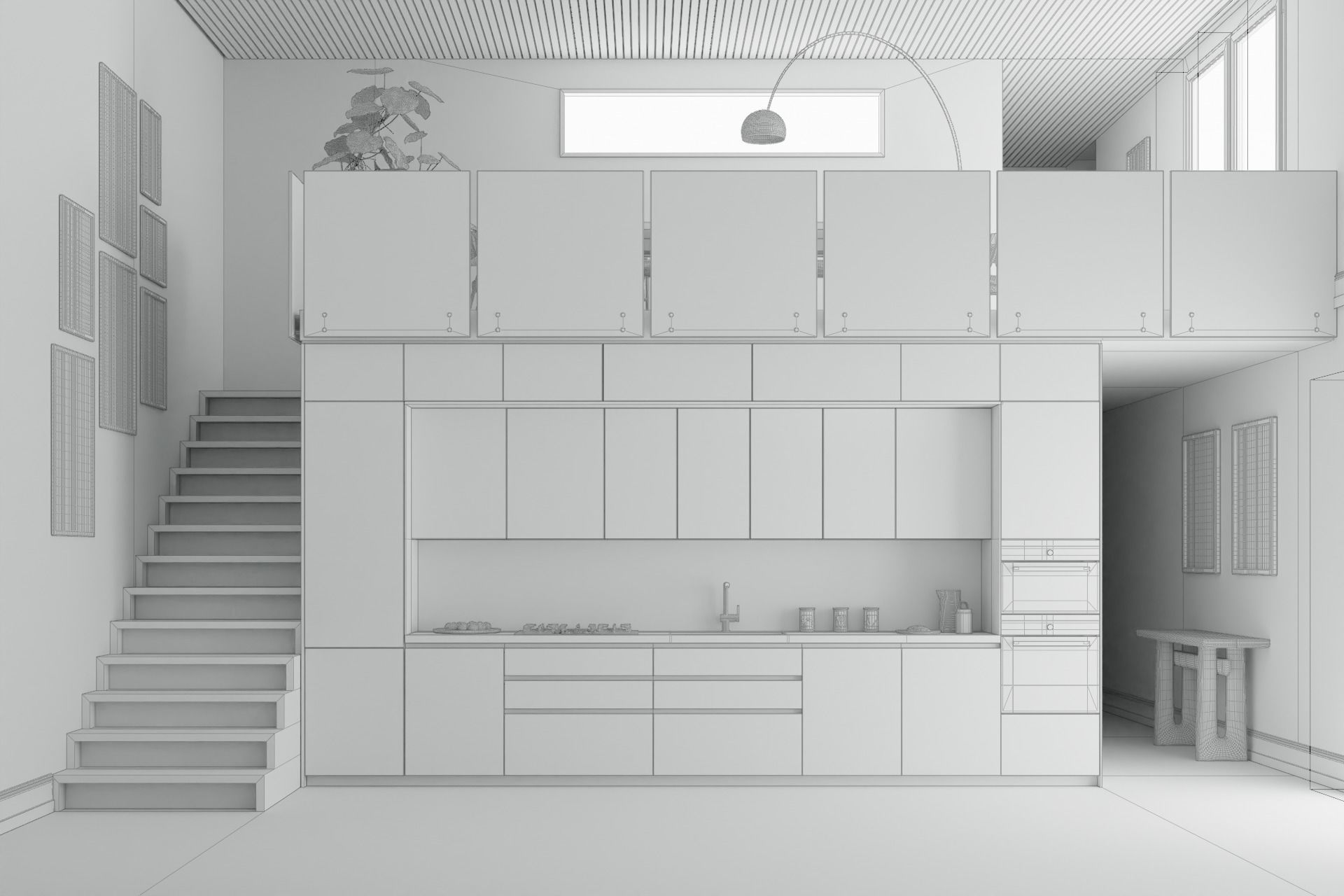 Linear Modern Kitchen blue and chrome with industrial staircase 3D model_1
