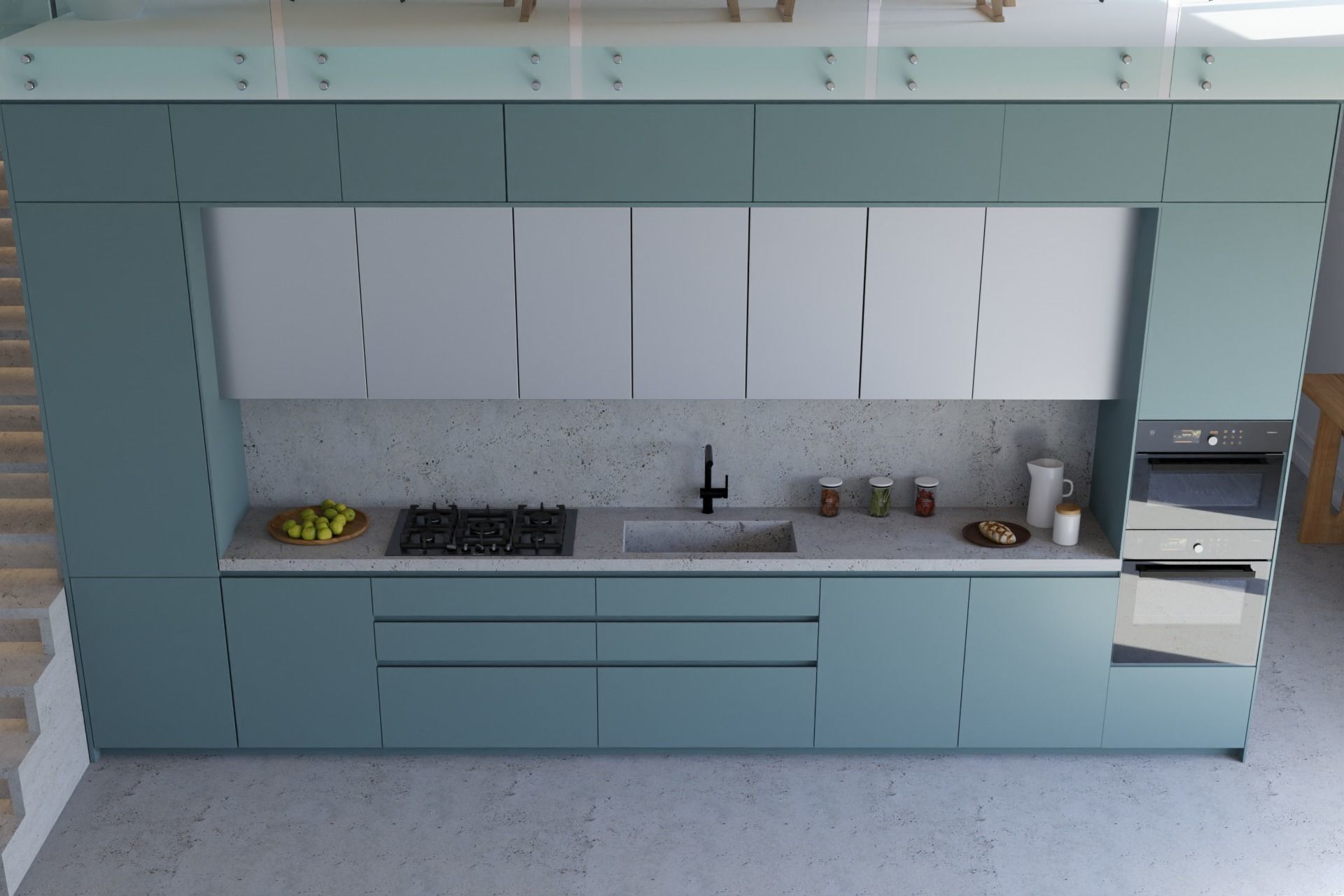 Linear Modern Kitchen blue and chrome with industrial staircase 3D model_2