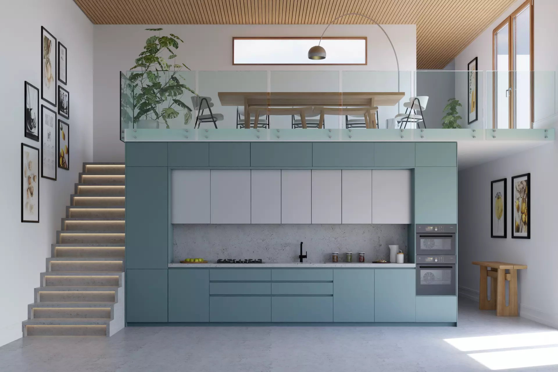 Linear Modern Kitchen blue and chrome with industrial staircase 3D model_0