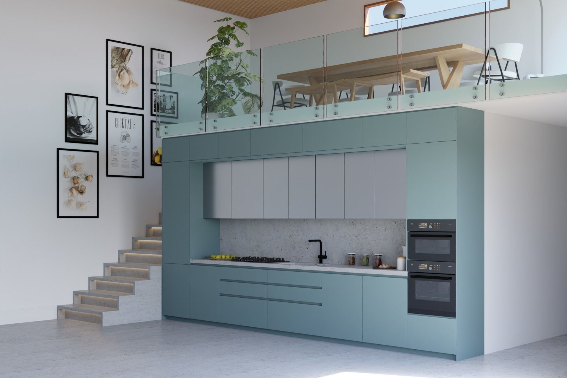 Linear Modern Kitchen blue and chrome with industrial staircase 3D model_4