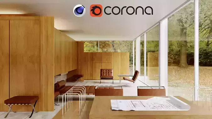 Farnsworth house - Mies van der Rohe - Cinema 4d - Corona render 3D model