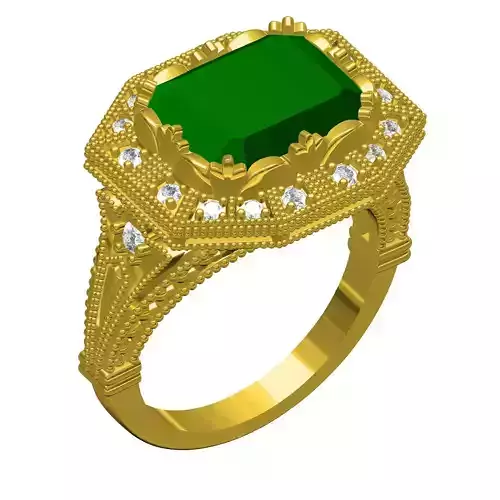 Green Emerald Art Deco Style Womens Engagement Ring