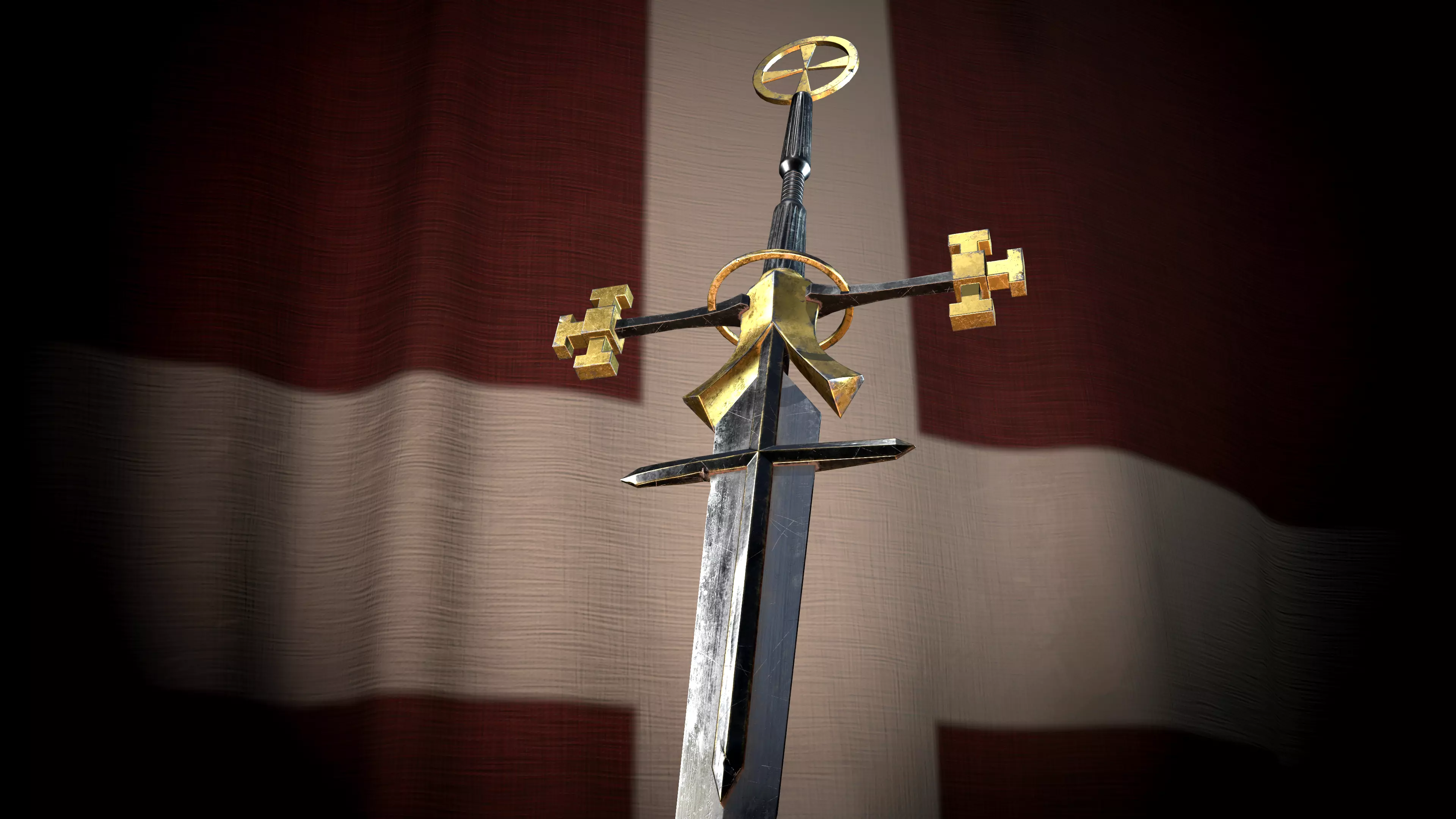 Medieval Great Templar sword Game ready Low-poly 3D model_0