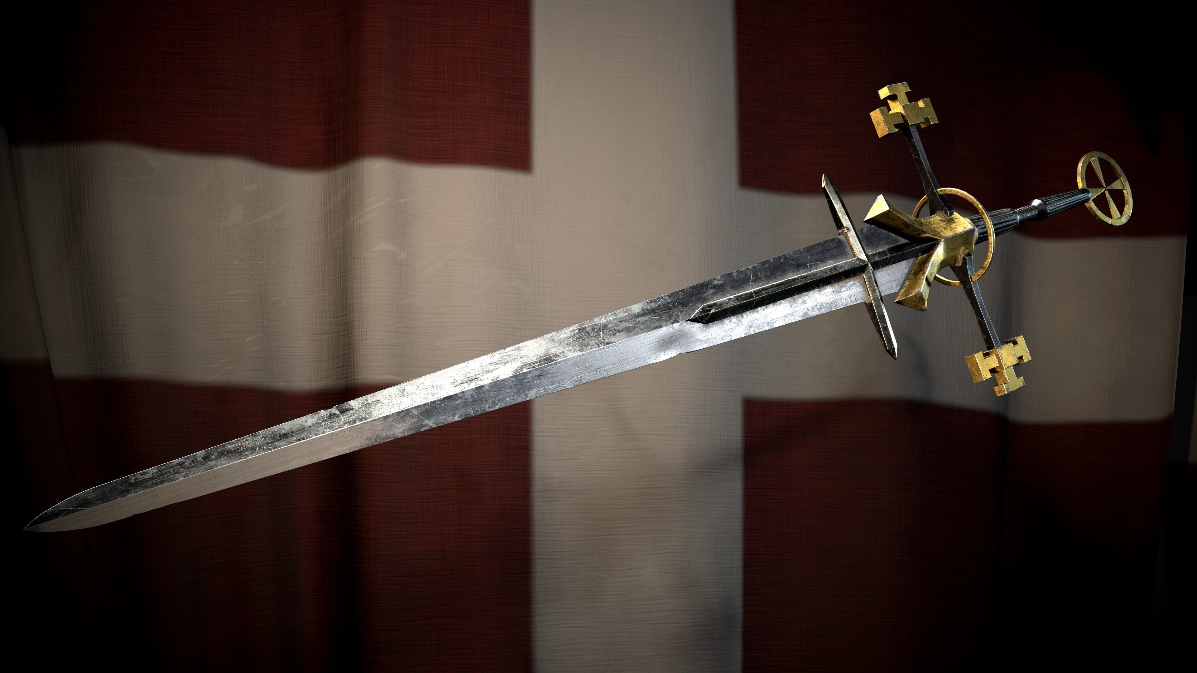 Medieval Great Templar sword Game ready Low-poly 3D model_2