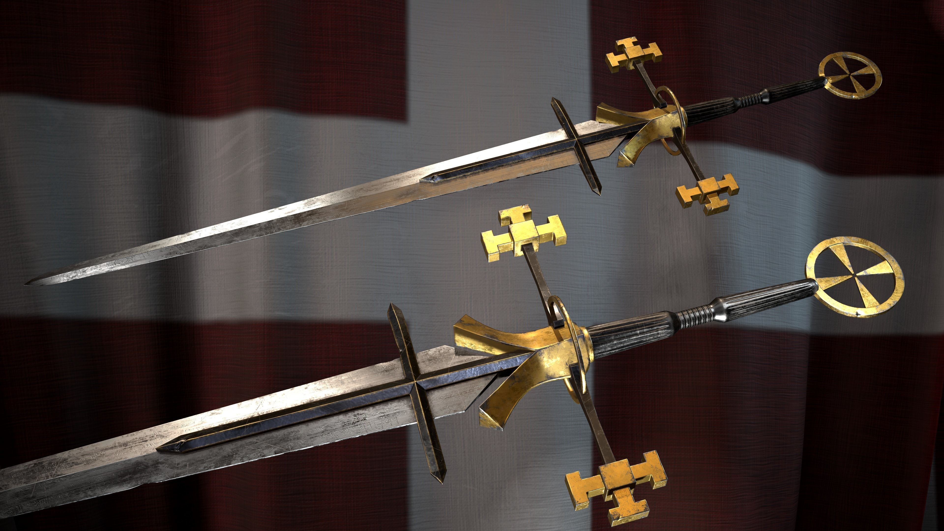 Medieval Great Templar sword Game ready Low-poly 3D model_6