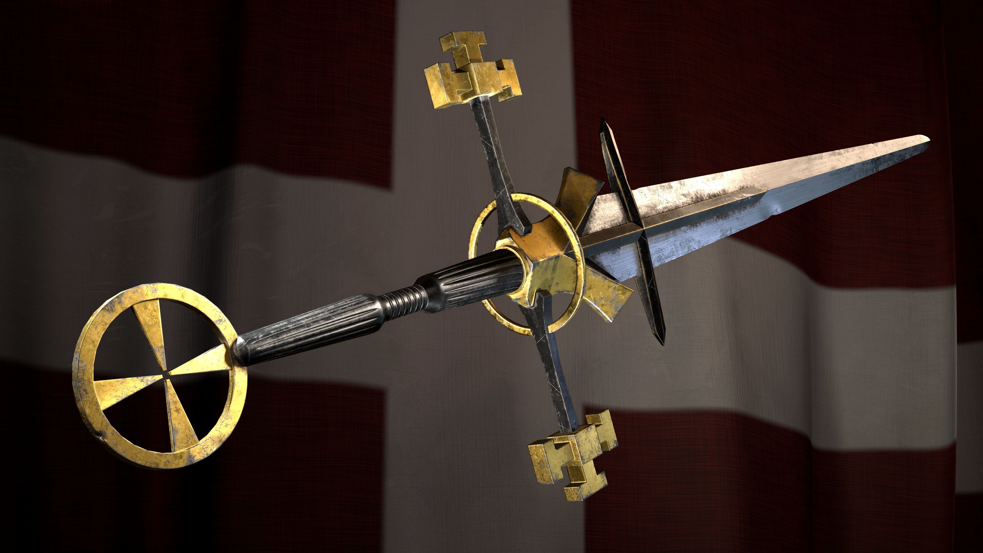 Medieval Great Templar sword Game ready Low-poly 3D model_5