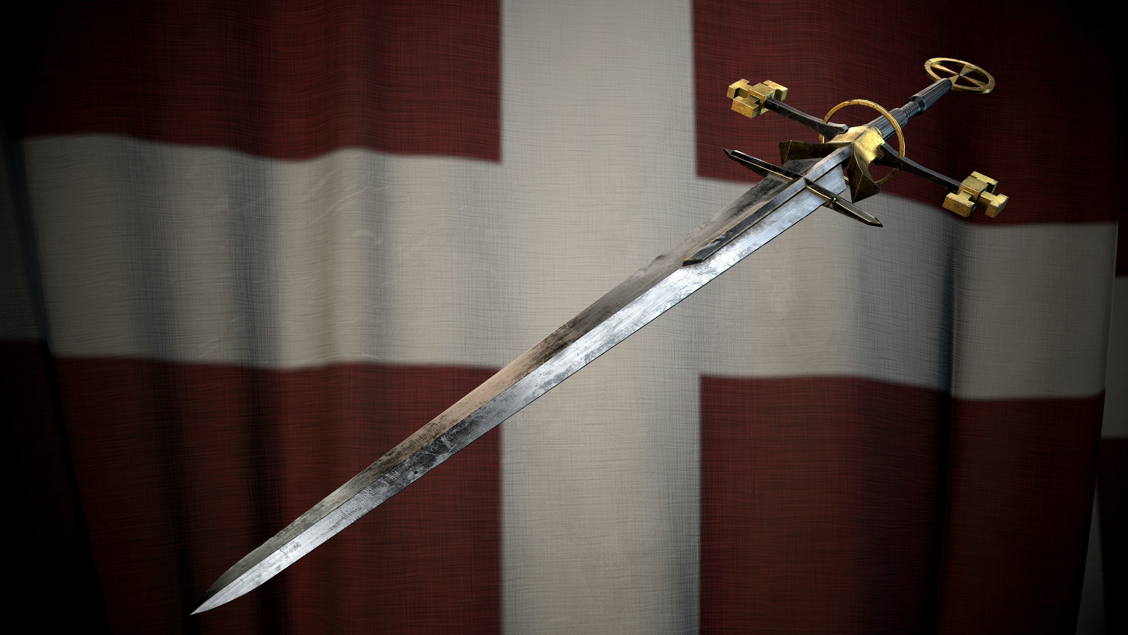 Medieval Great Templar sword Game ready Low-poly 3D model_3