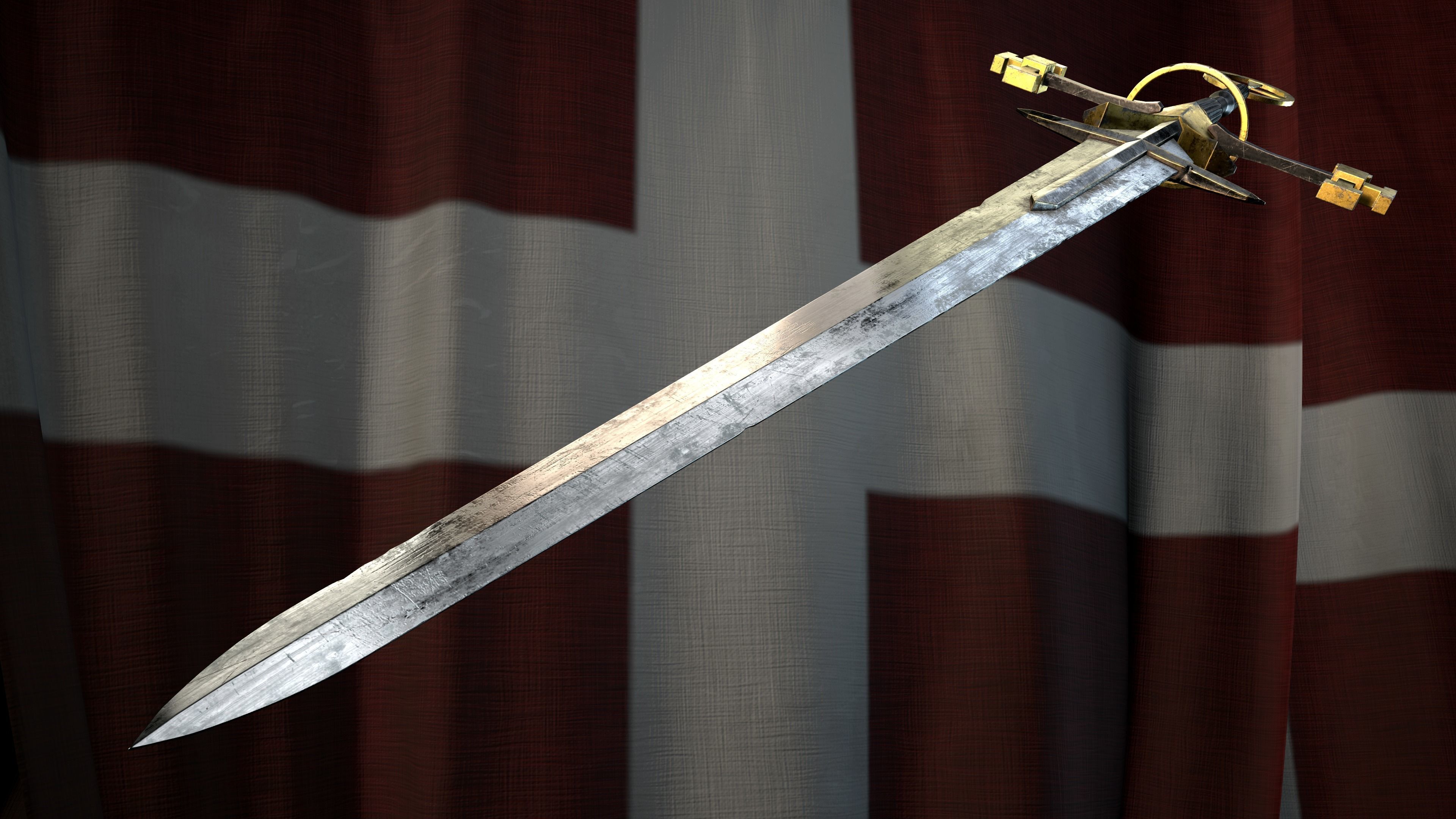 Medieval Great Templar sword Game ready Low-poly 3D model_4