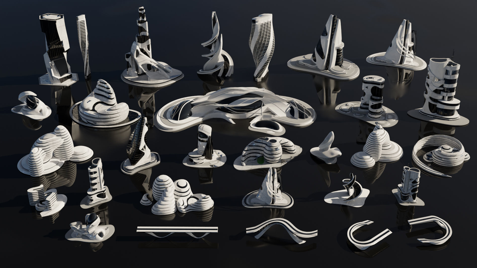 Sci-fi city  Utopian Kitbash  Kitbash Asset Pack Low-poly 3D model_2