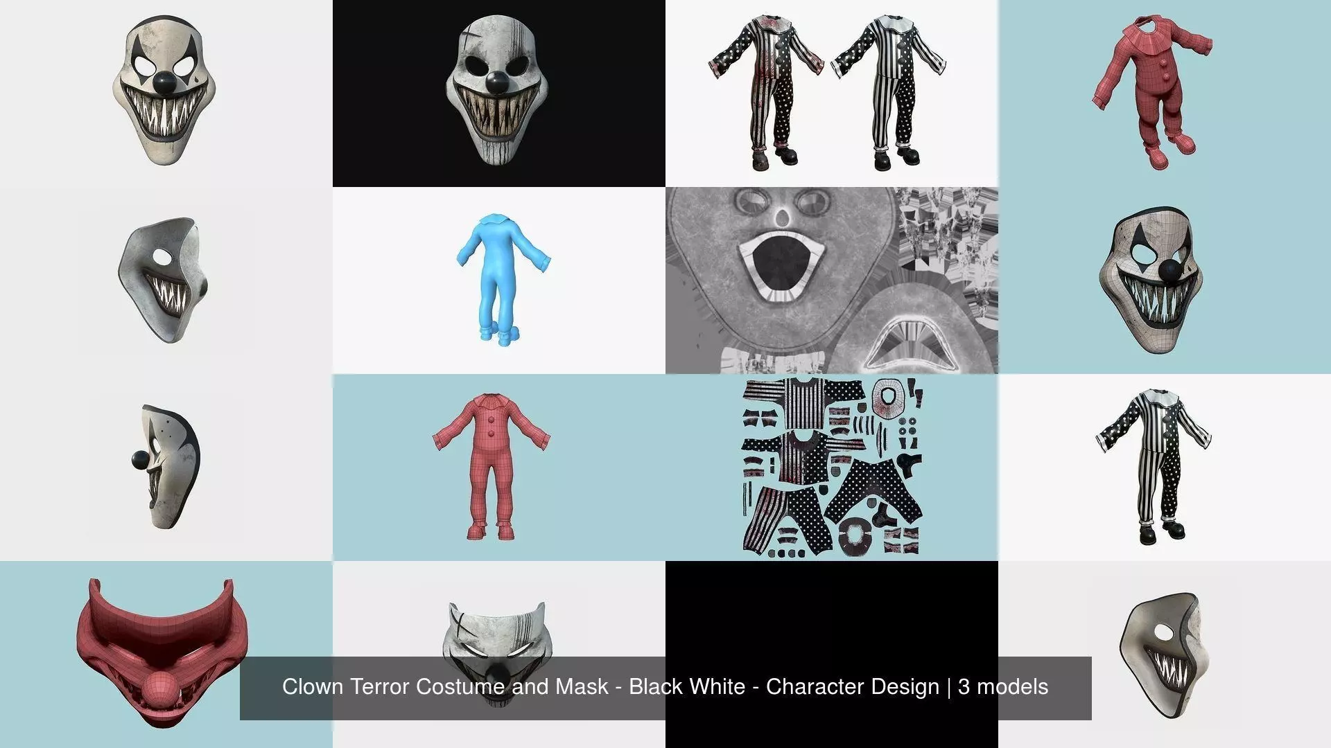 Clown Terror Costume and Mask - Black White - Character Design 3D Model Collection_1