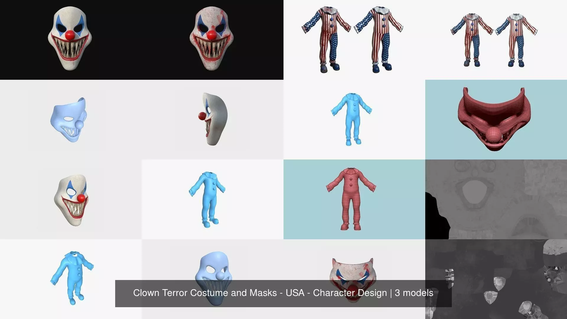 Clown Terror Costume and Masks - USA - Character Design 3D Model Collection_1
