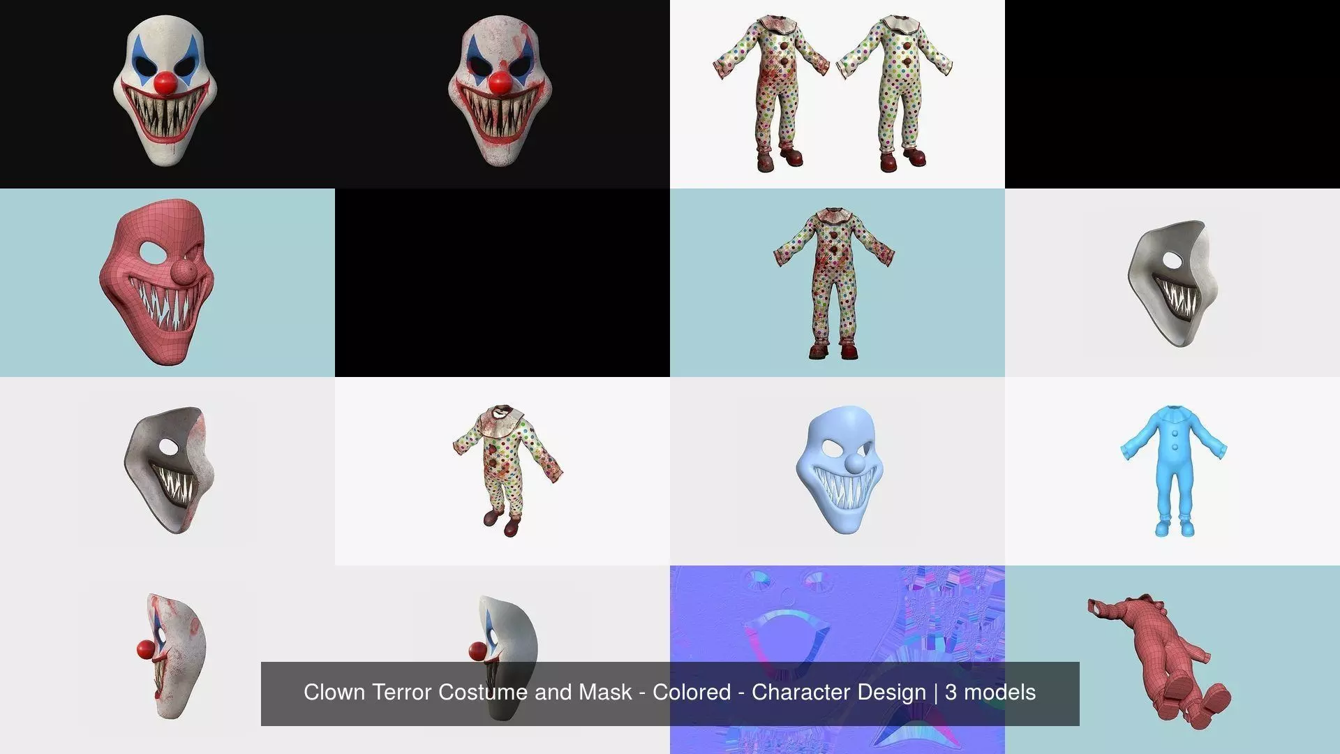 Clown Terror Costume and Mask - Colored - Character Design 3D Model Collection_1