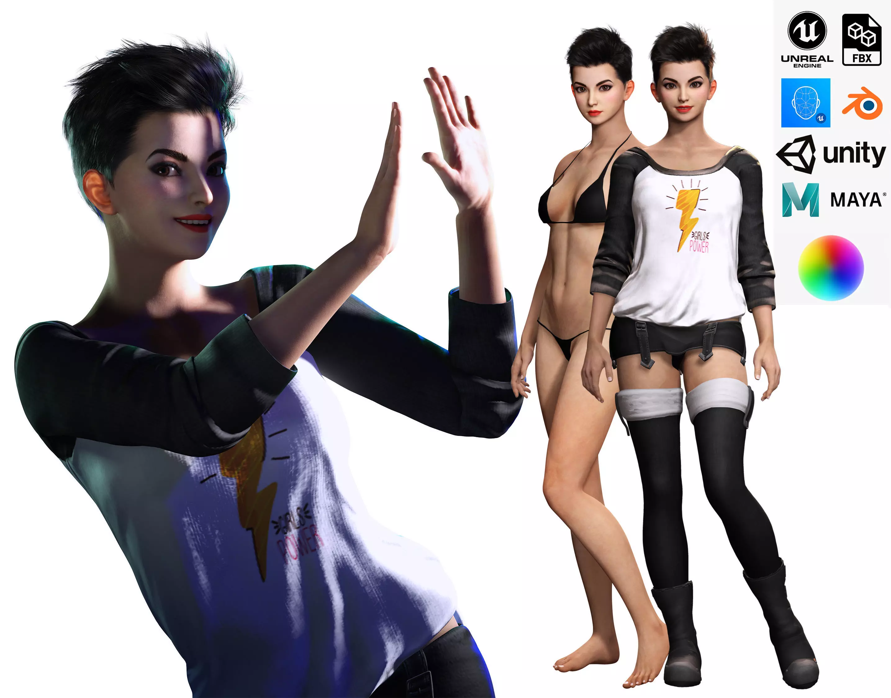 Pixie Casual Girl - Model with Full Rig and Facial Controls Low-poly 3D model_0
