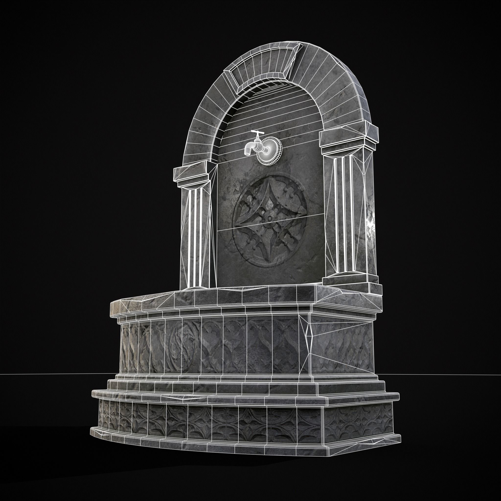 Gothic Wall Water Fountain Low-poly 3D model_14