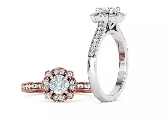 Artdeco Halo Ring Milgrain Engagement Ring 5mm stone