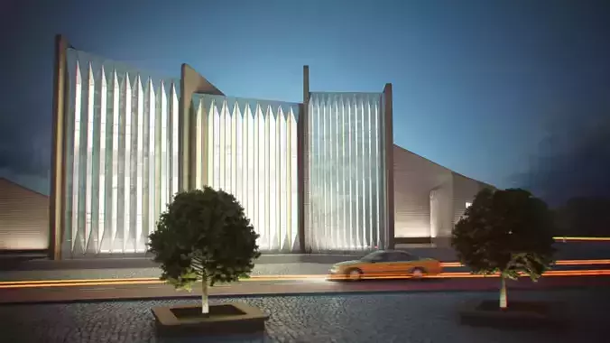 Gallery modern church in middle of city at night 3D model
