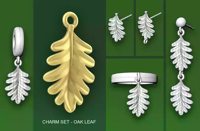 Leaf Charm Set - Oak Leaf Charm for Bail Ring Earrings Bracelet 3D print model