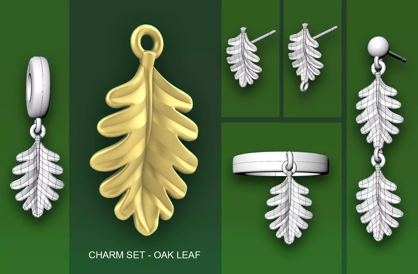 Leaf Charm Set - Oak Leaf Charm for Bail Ring Earrings Bracelet 3D print model_0