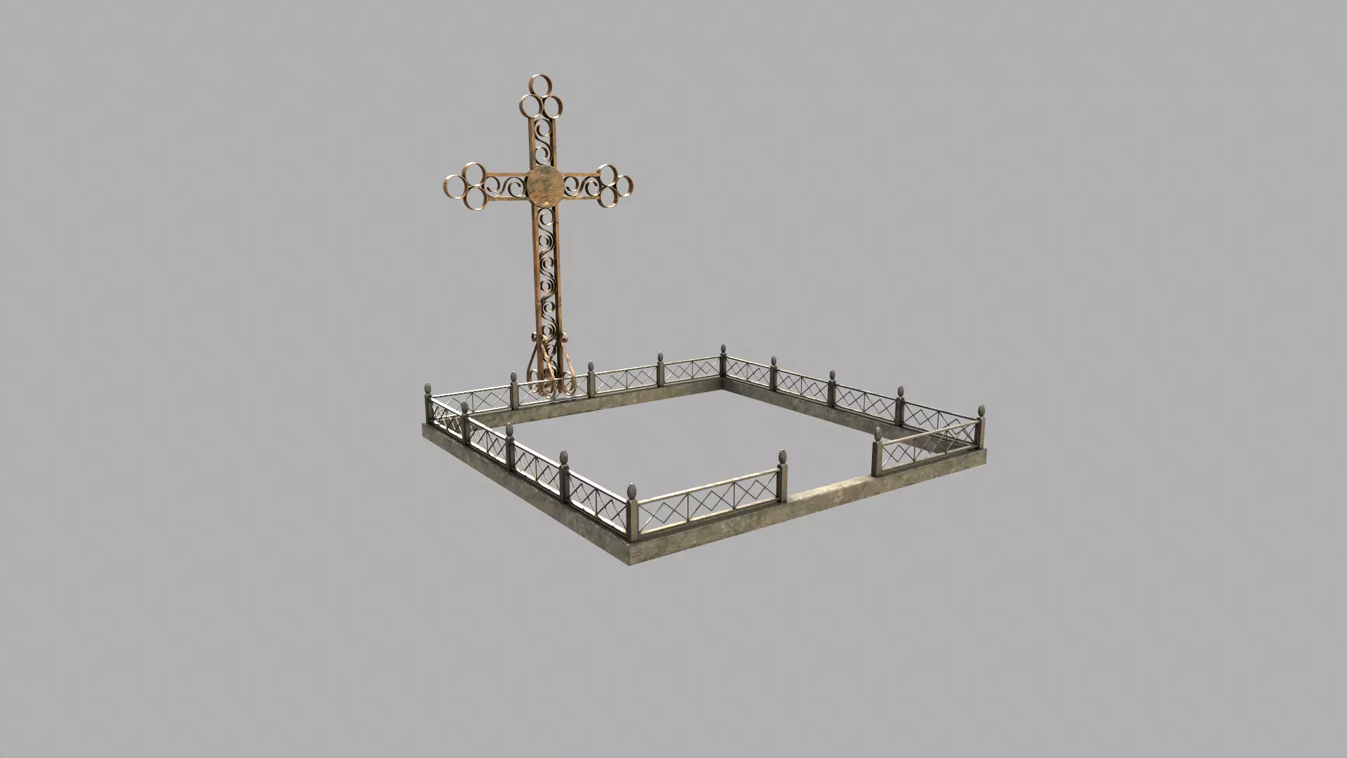 Fenced Grave With Brass Cross Low-poly 3D model_0