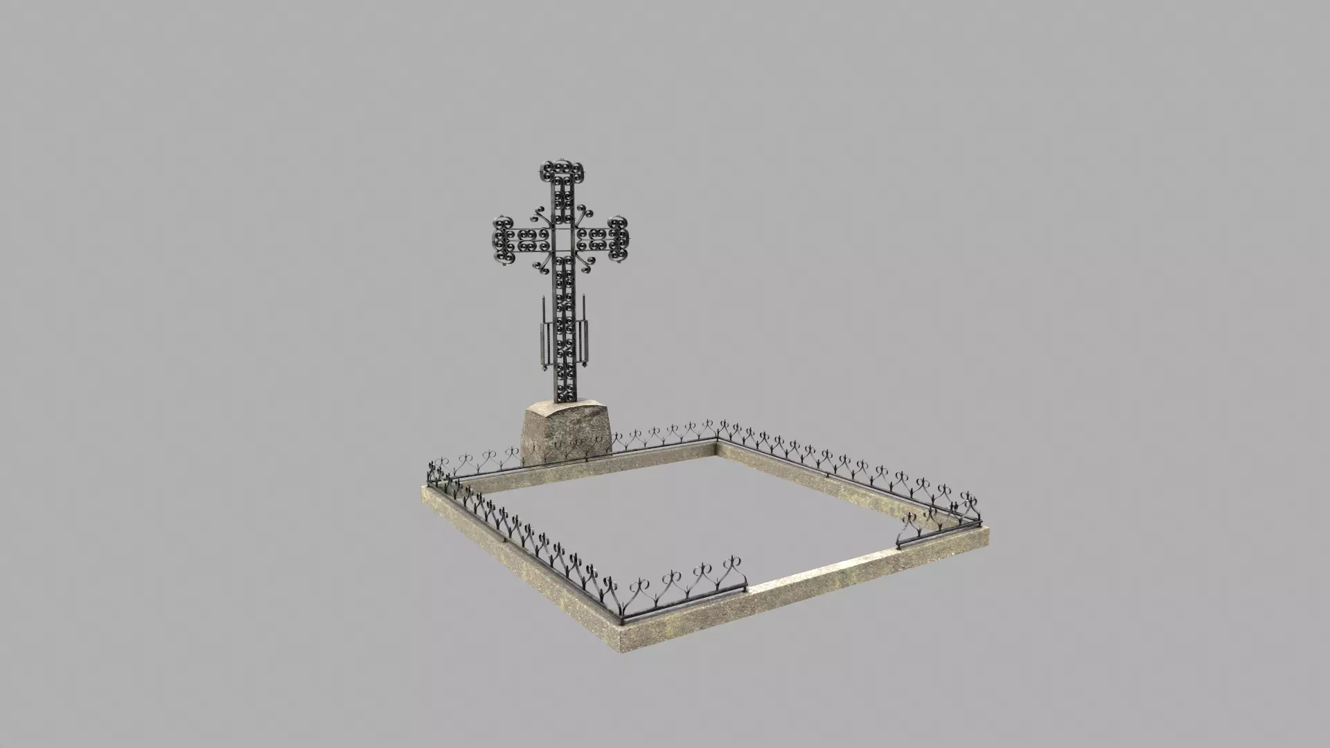 Fenced Grave With Massive Cross Low-poly 3D model_0