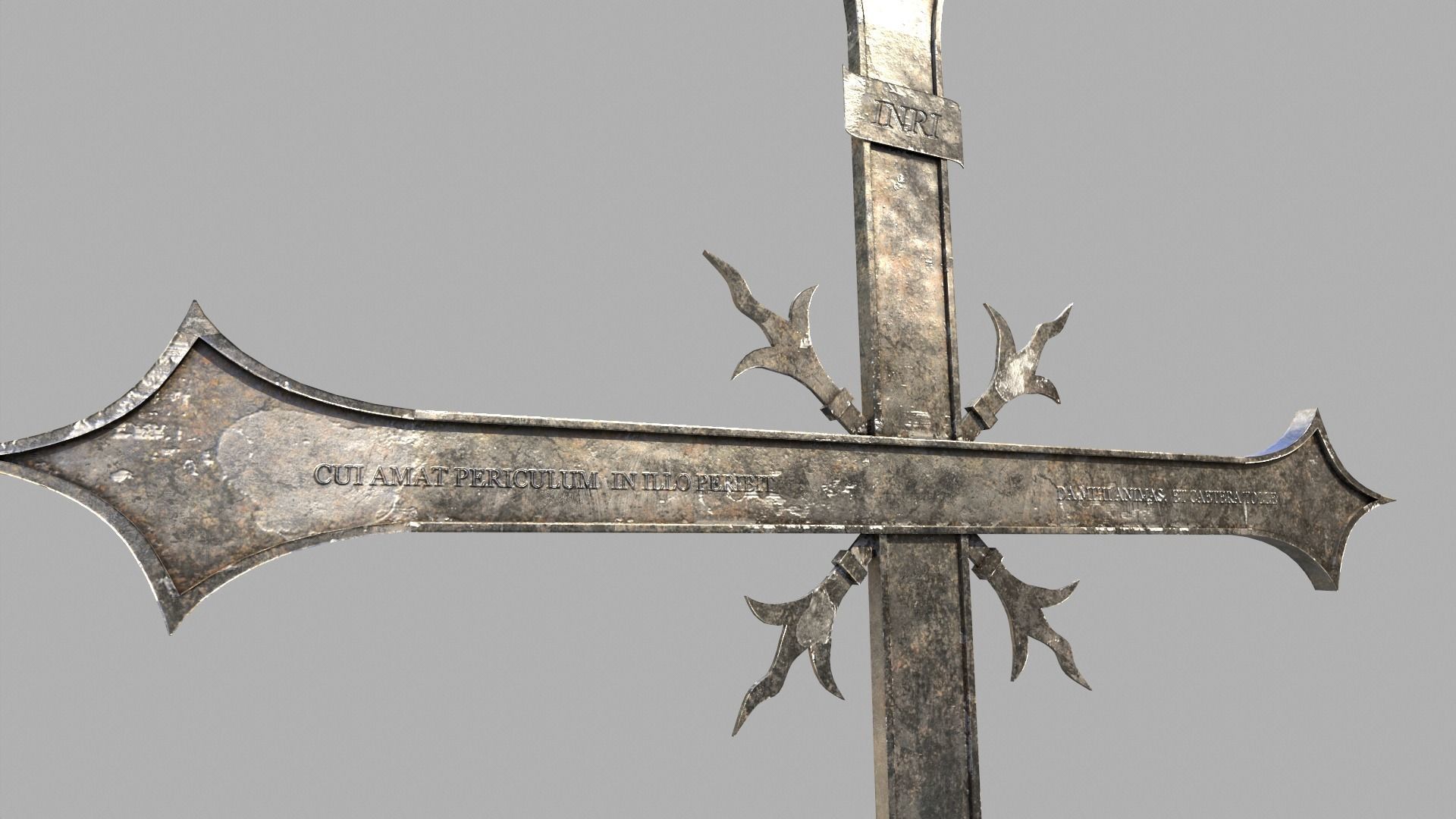 Fenced Grave With Massive Metal Cross Low-poly 3D model_7