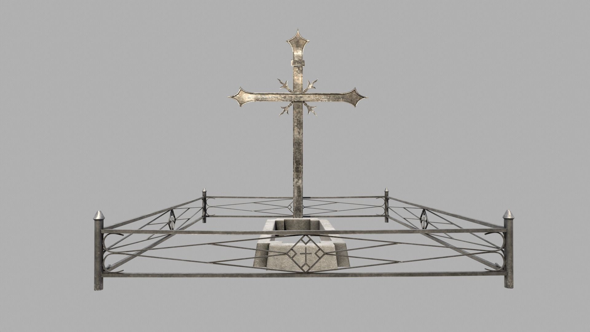 Fenced Grave With Massive Metal Cross Low-poly 3D model_1