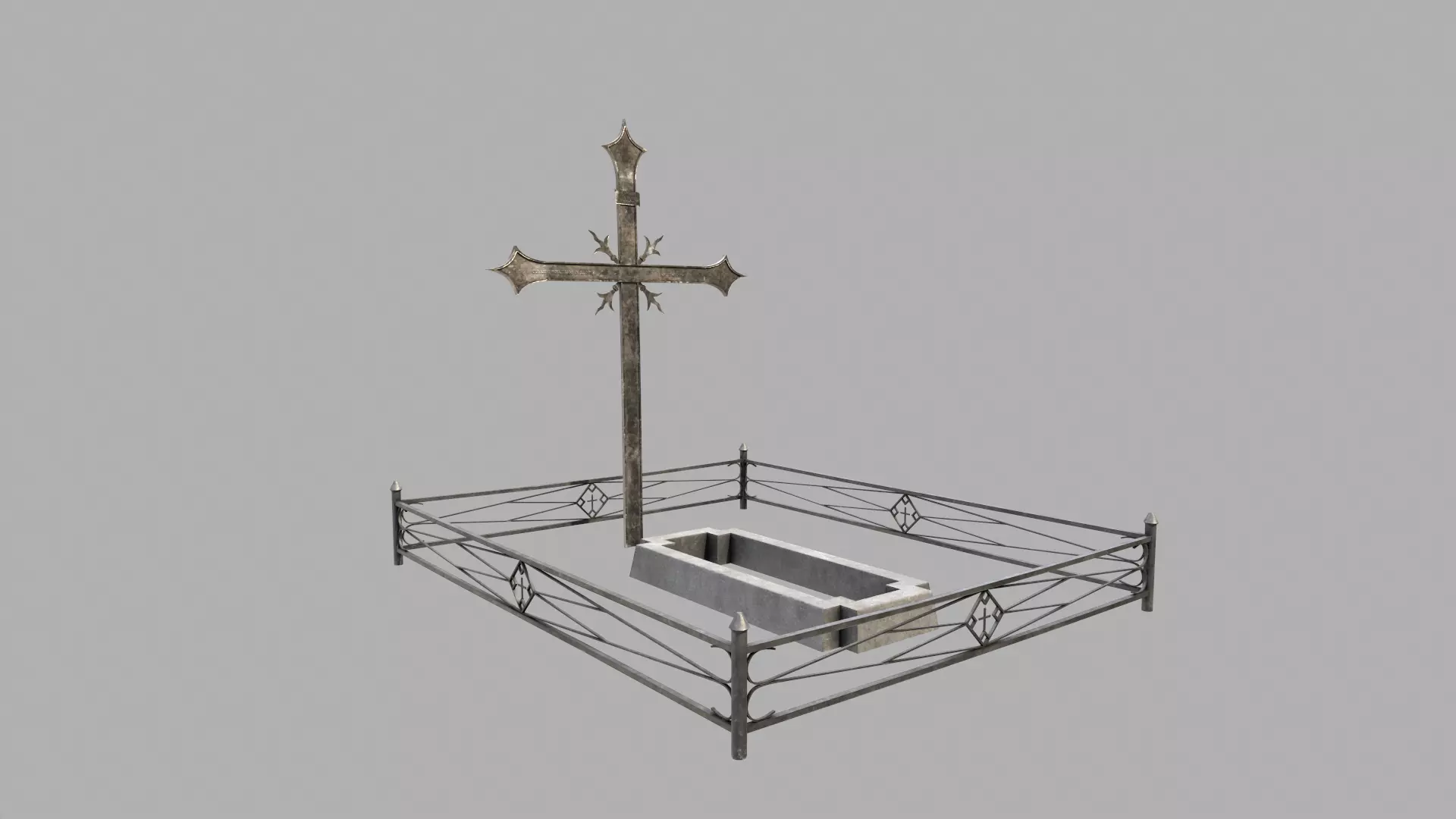 Fenced Grave With Massive Metal Cross Low-poly 3D model_0