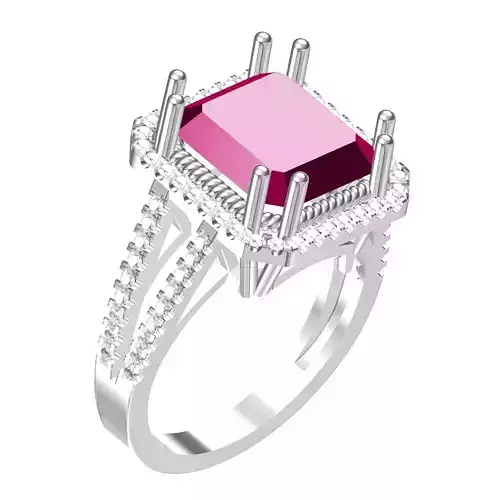 Emerald Cut Diamond Halo Micro Pave Split Shank Ring