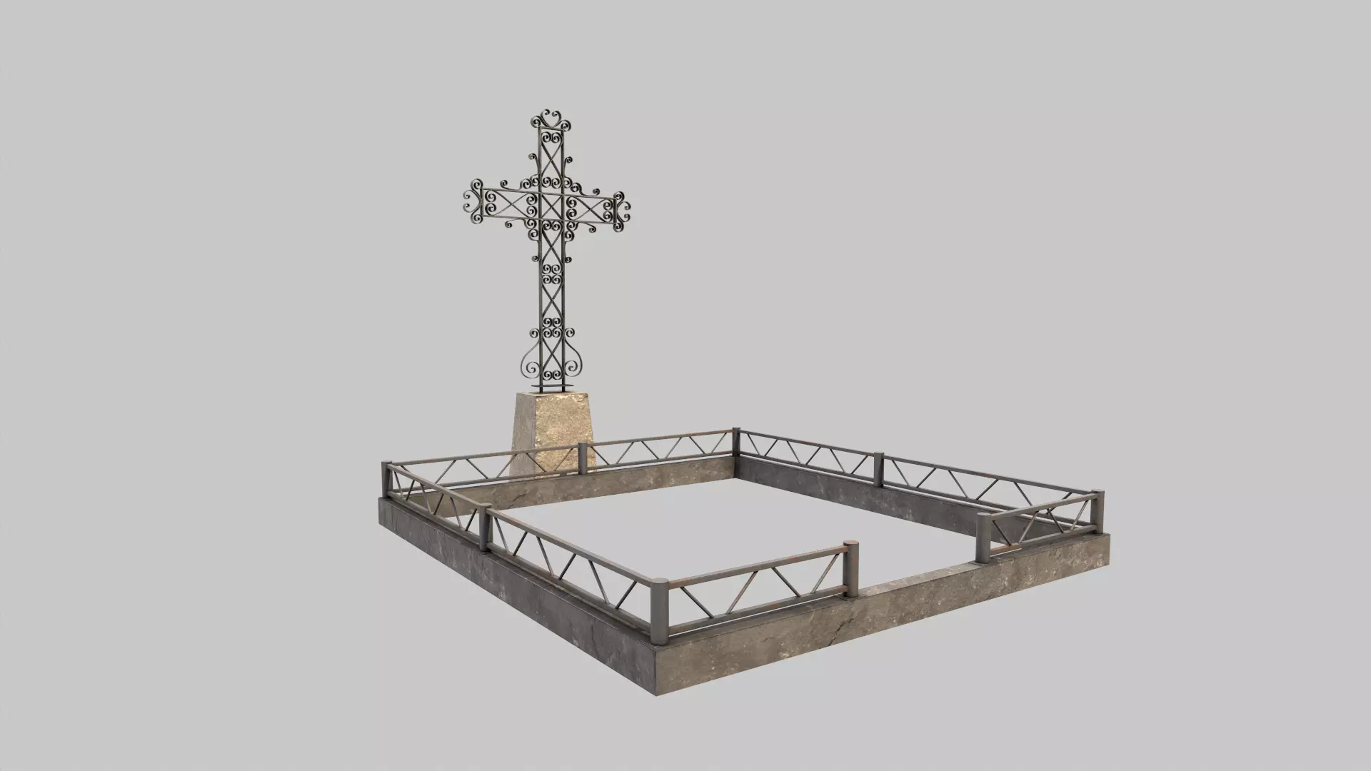 Fenced Grave With Ornate Cross Low-poly 3D model_0