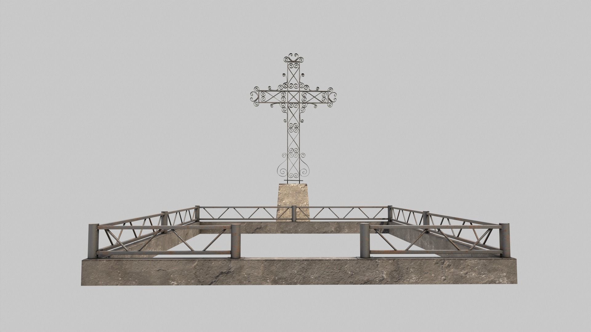 Fenced Grave With Ornate Cross Low-poly 3D model_1