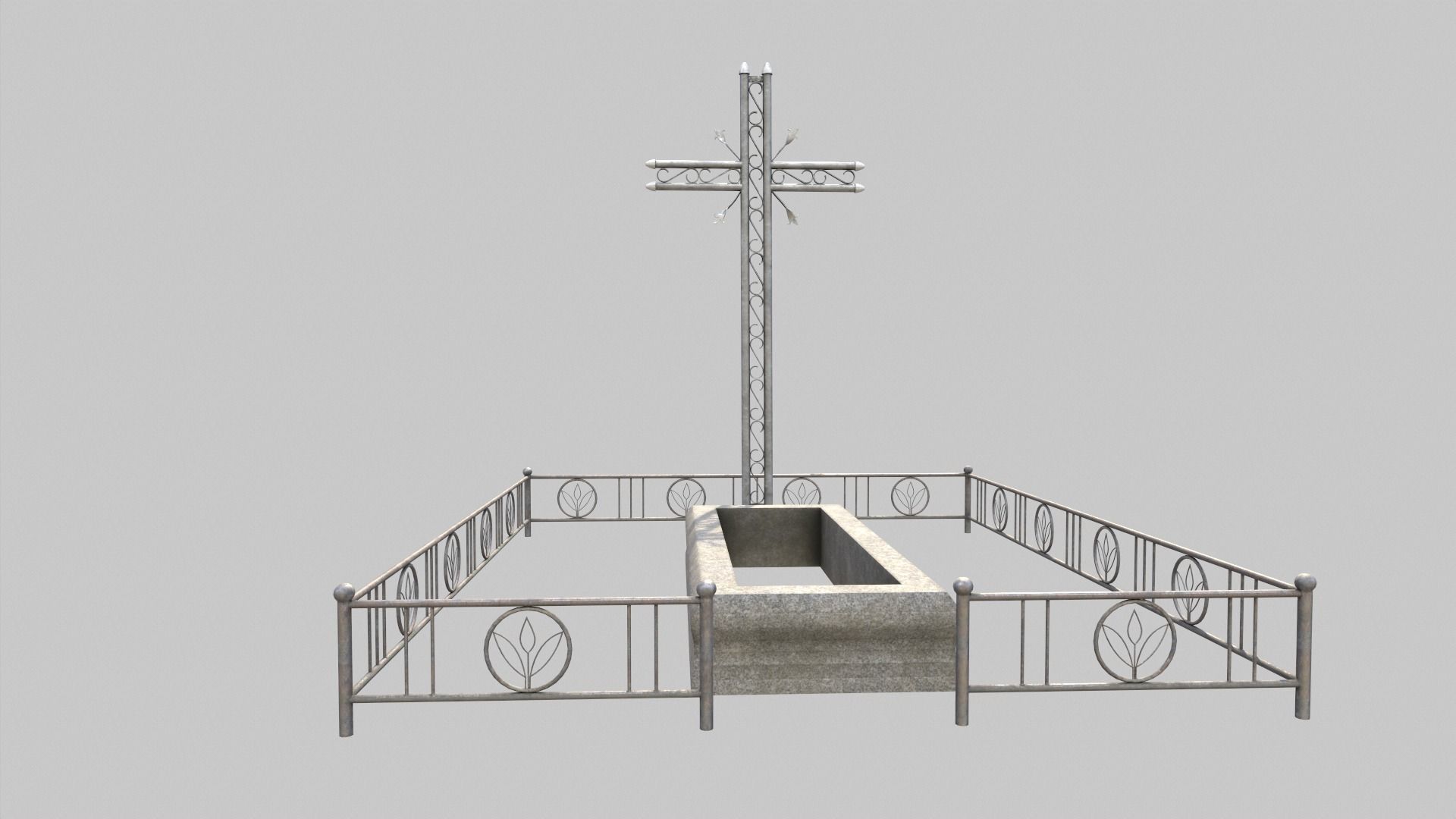 Fenced Grave With Flower Cross Low-poly 3D model_1