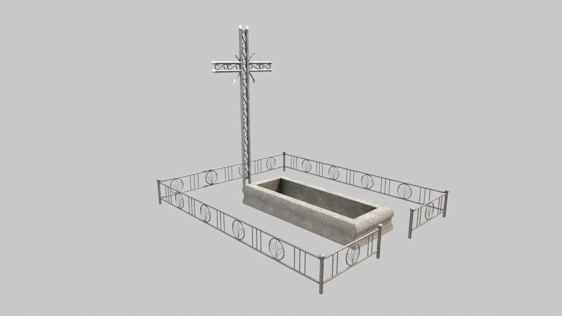 Fenced Grave With Flower Cross Low-poly 3D model_0