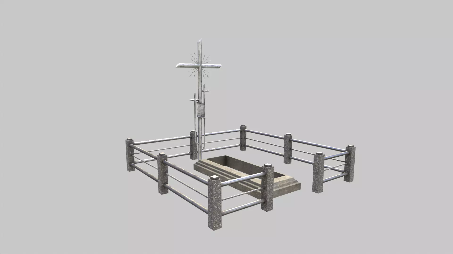 Fenced Grave With Silver Cross Low-poly 3D model_0