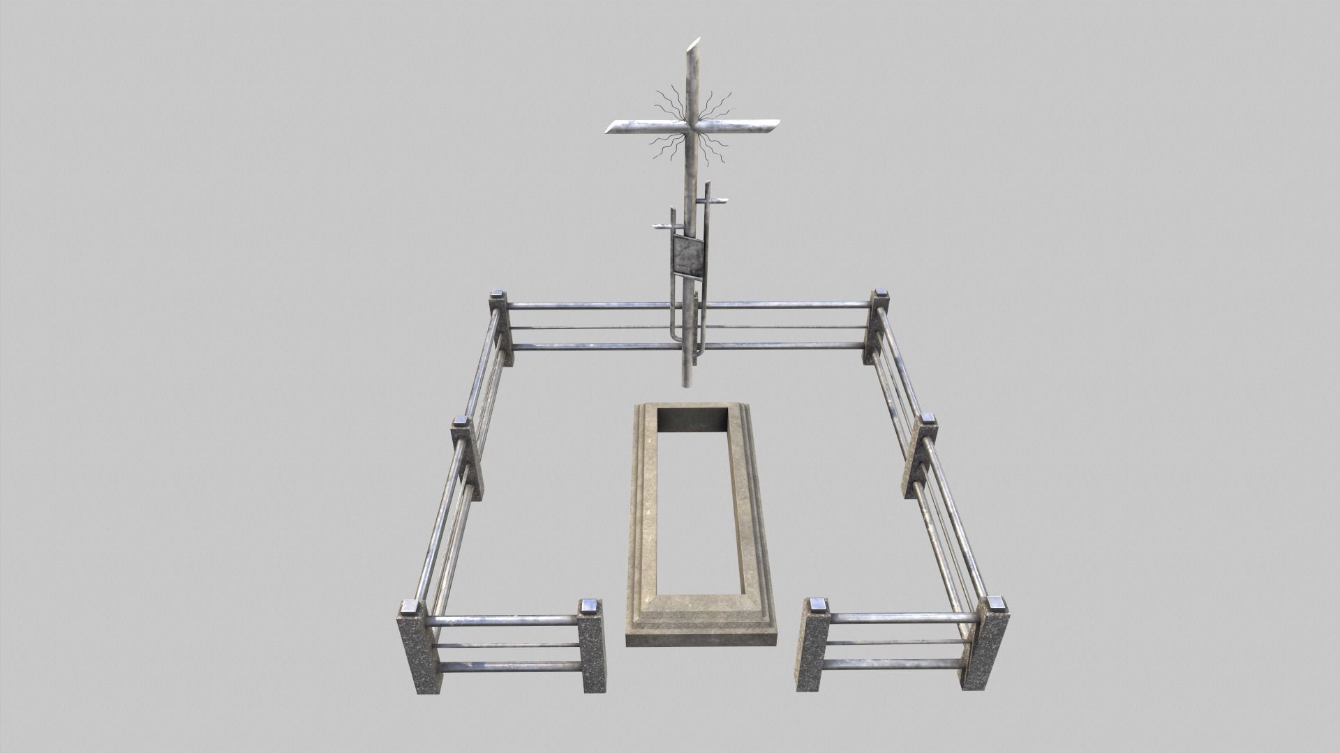 Fenced Grave With Silver Cross Low-poly 3D model_1