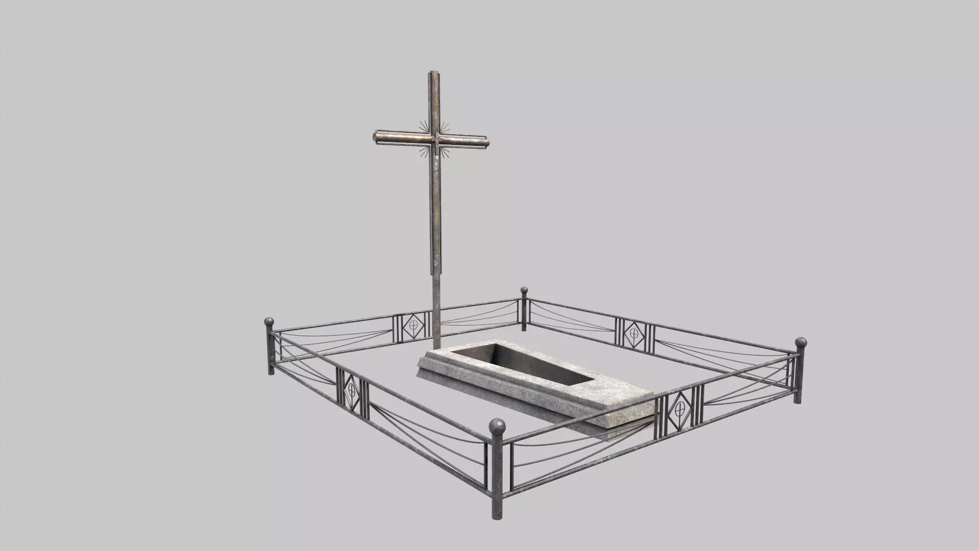 Grave With Fence and Metal Cross Low-poly 3D model_0