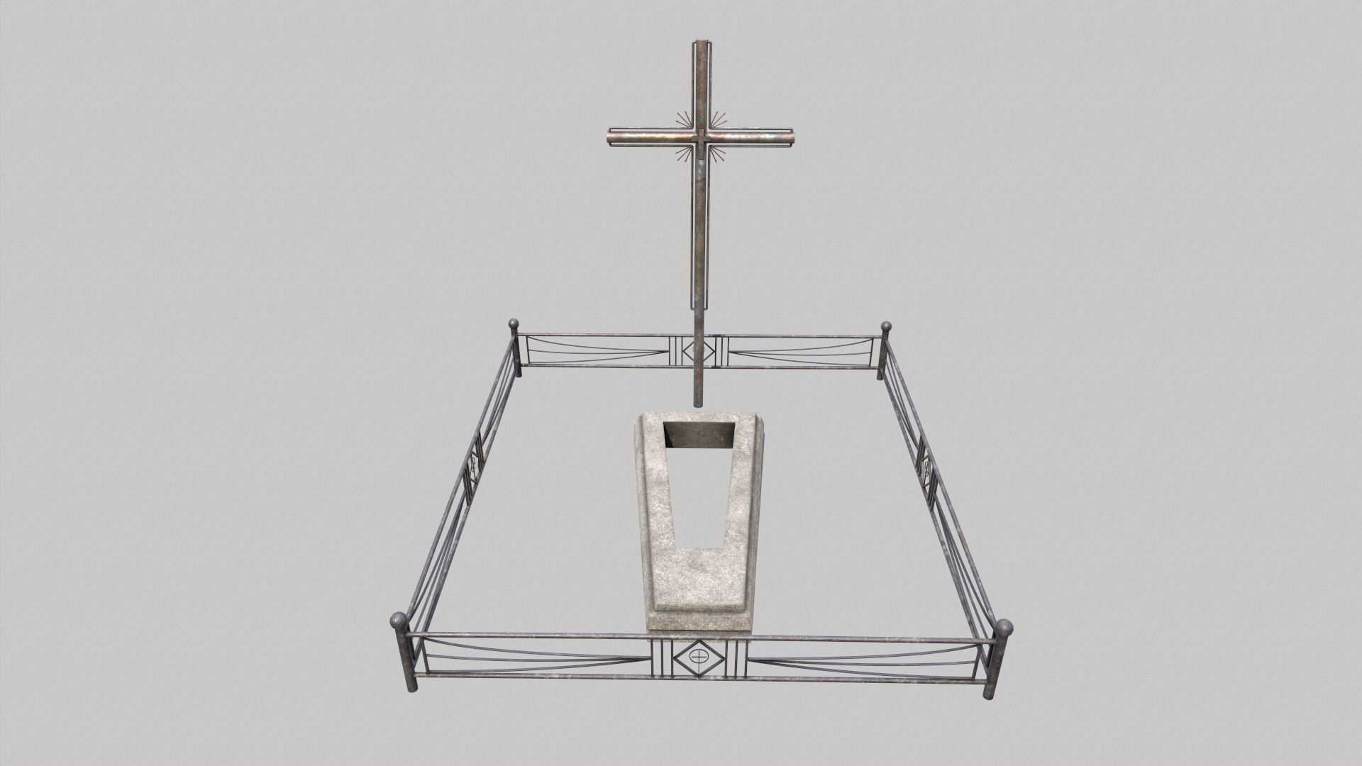 Grave With Fence and Metal Cross Low-poly 3D model_2