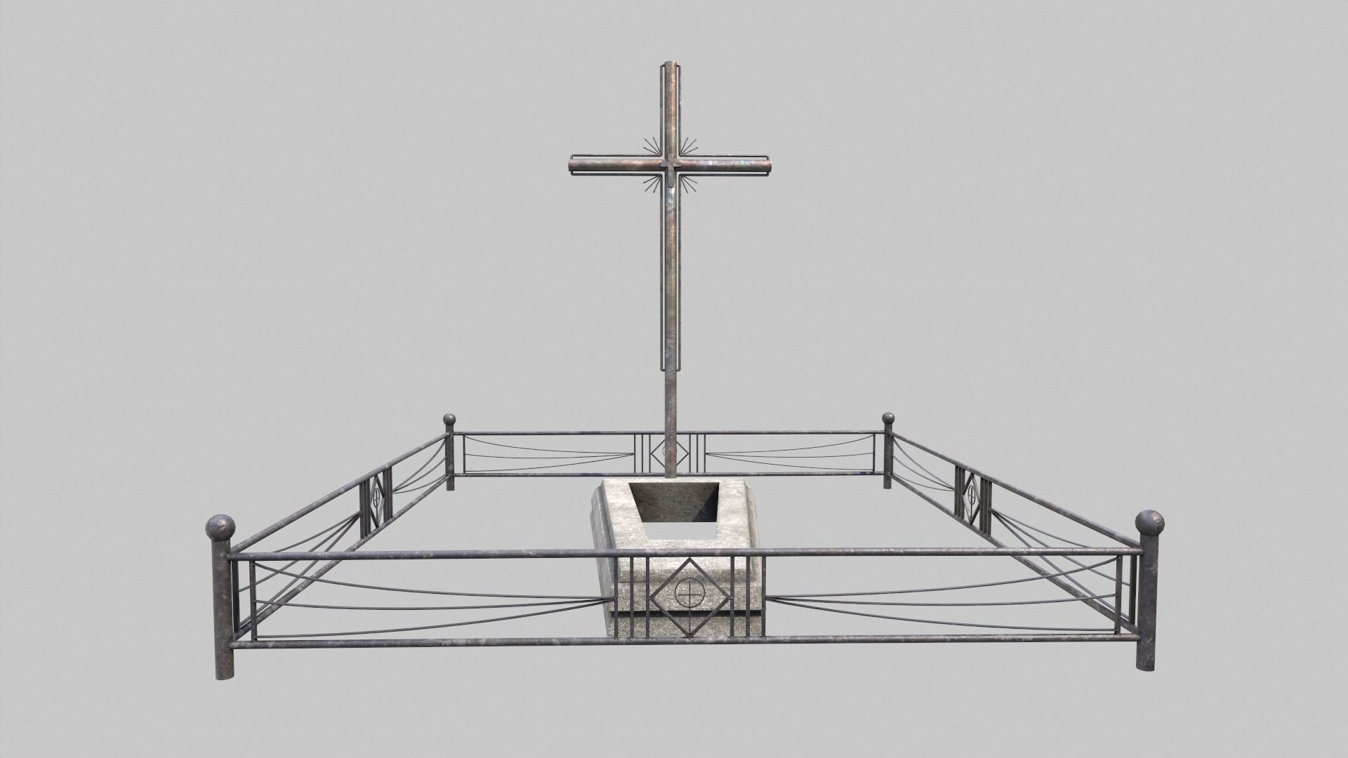 Grave With Fence and Metal Cross Low-poly 3D model_1