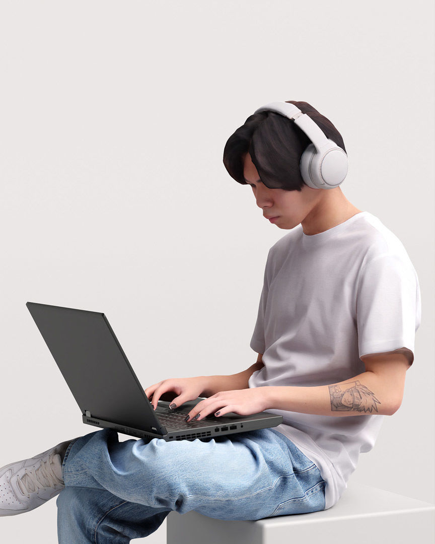 Humano Sitting Young Asian Man with laptop 2203-5 3D model_7